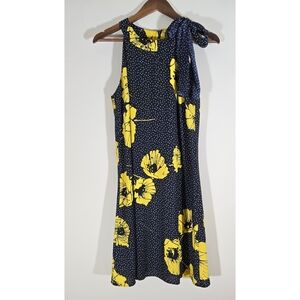 Taylor Brand Navy Yellow Floral Tie Neck Dress Sz S 8 M Classic Casual Comfy